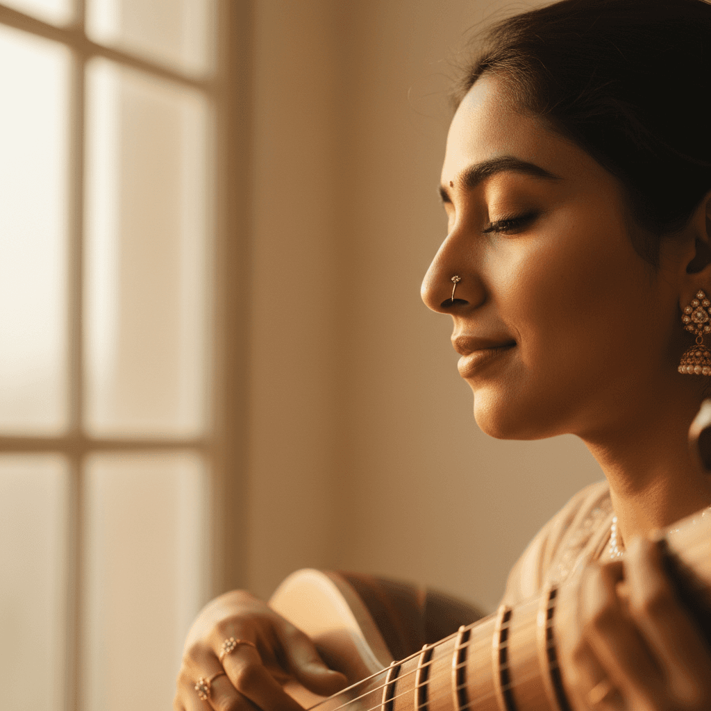 Student immersed in veena practice with peaceful expression