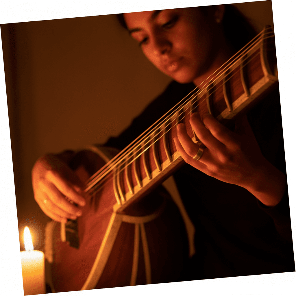 Student's hands on veena strings during lesson