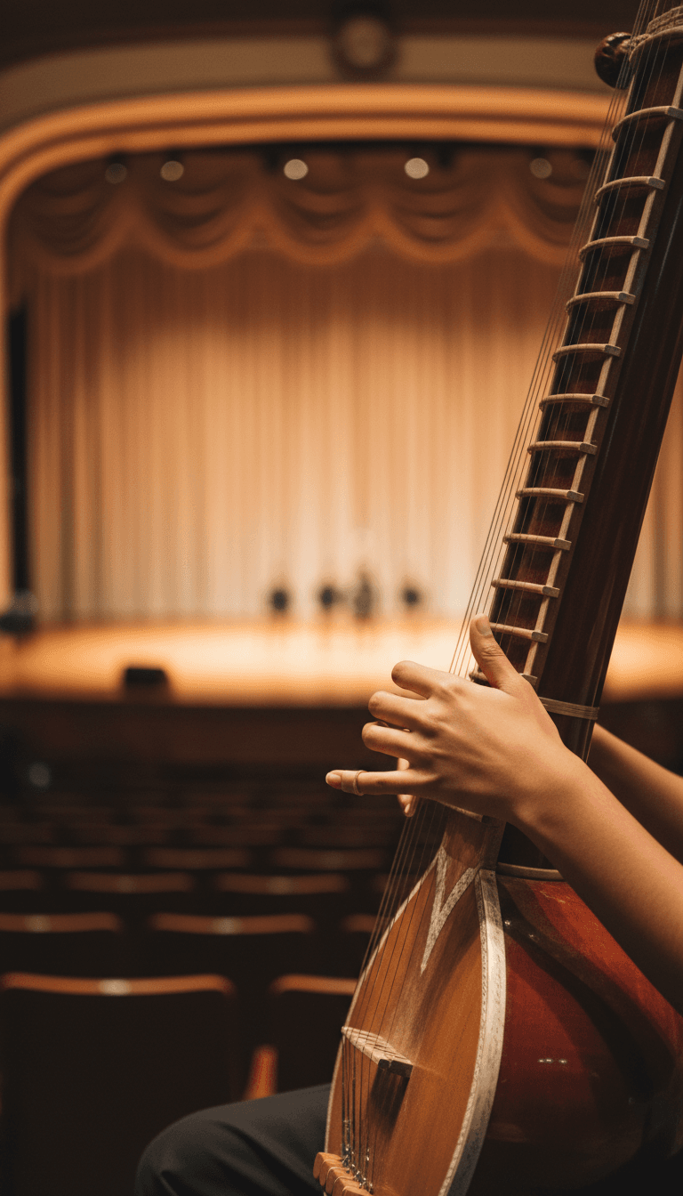 Student hands on veena strings during performance