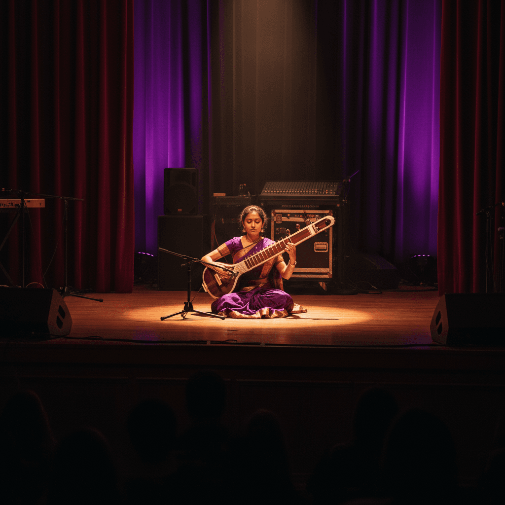 Student performing veena on stage at cultural festival