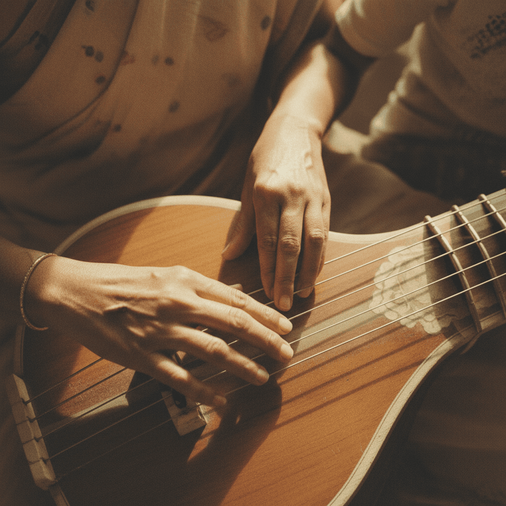 Instructor's hands guiding student's veena technique