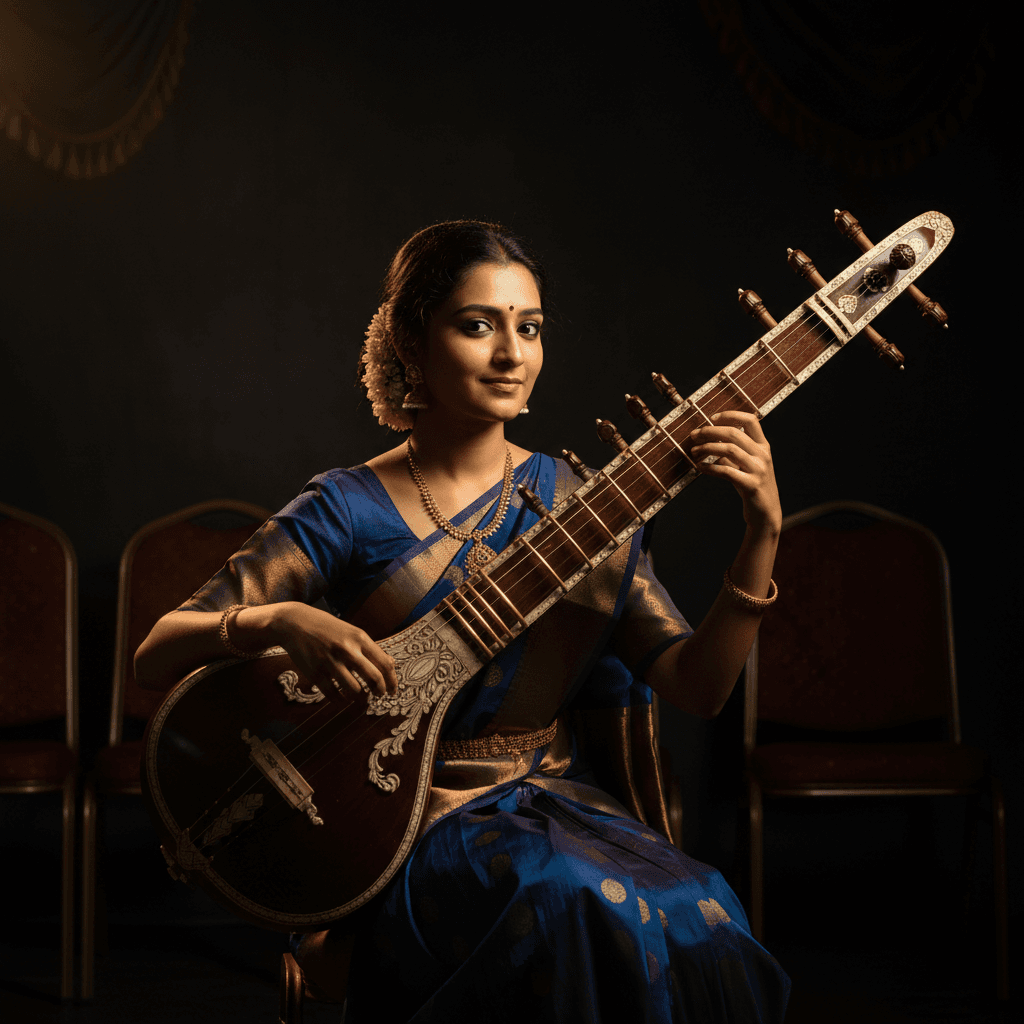 Student in performance attire with veena