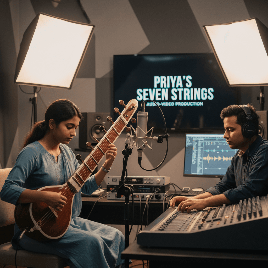 Student recording audio-video production at music studio