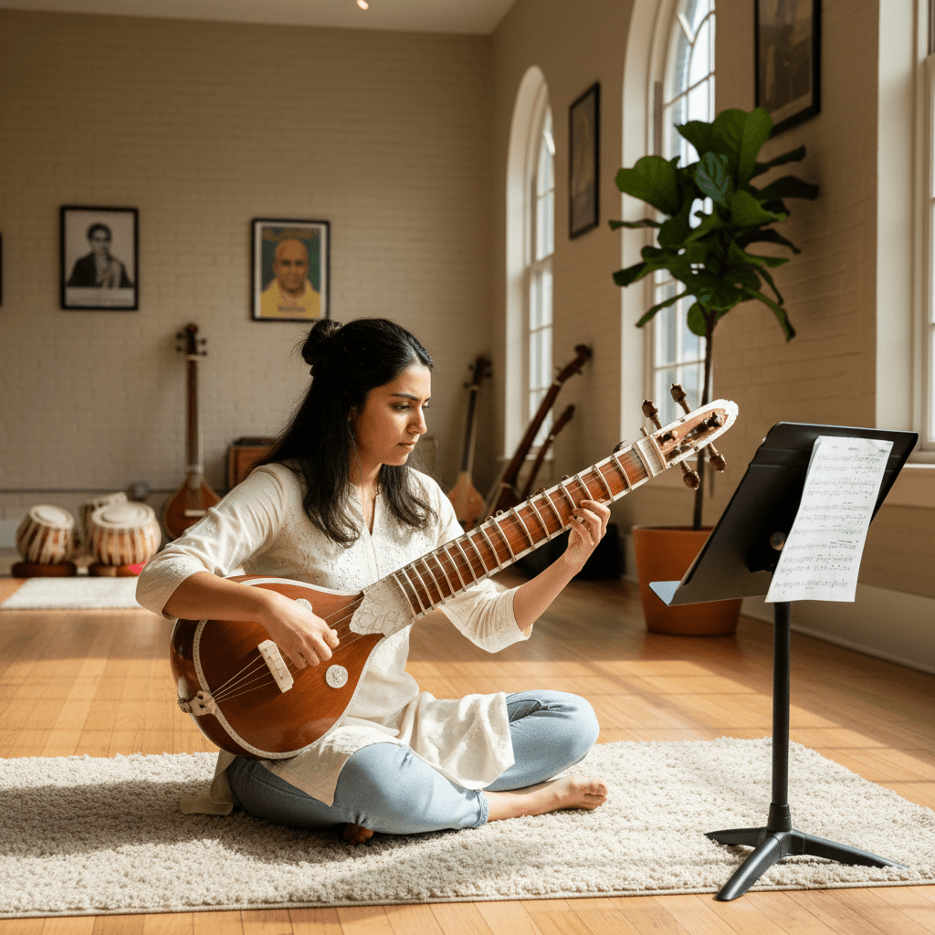 Young female student practicing veena during in-person lesson