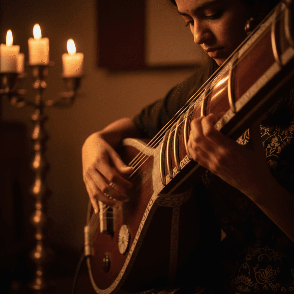 Student hands on veena strings during lesson