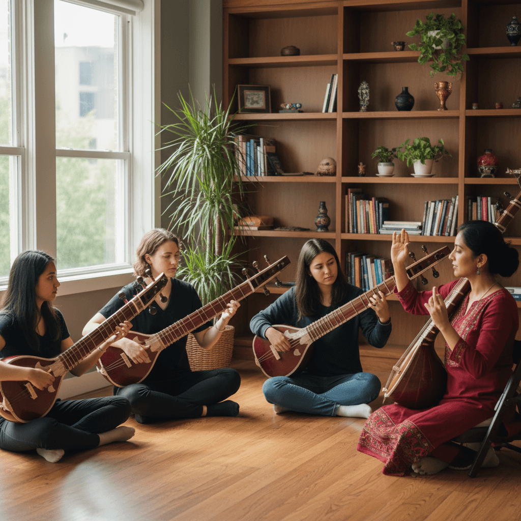 Group veena class with multiple students learning together