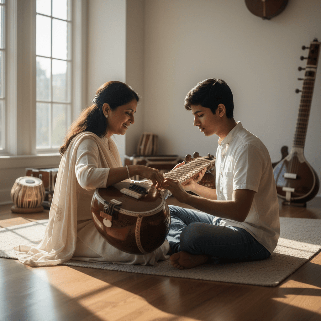 Instructor demonstrating veena technique to student