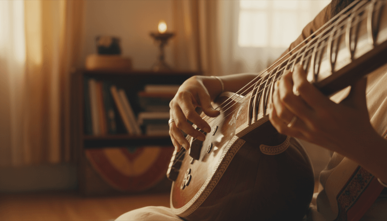 Close-up of hands playing veena strings during an online music lesson