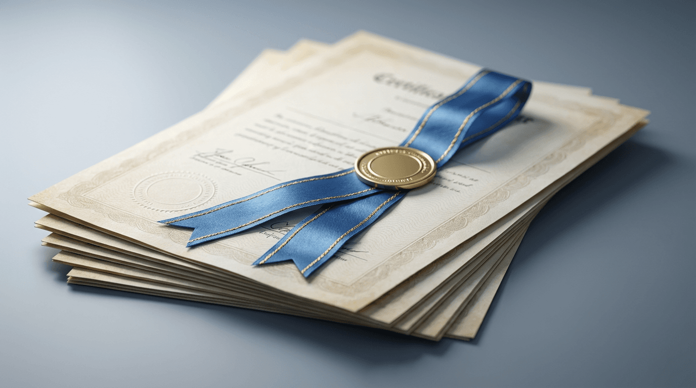 Stacked official documents with embossed seals and blue-gold ribbon against neutral background
