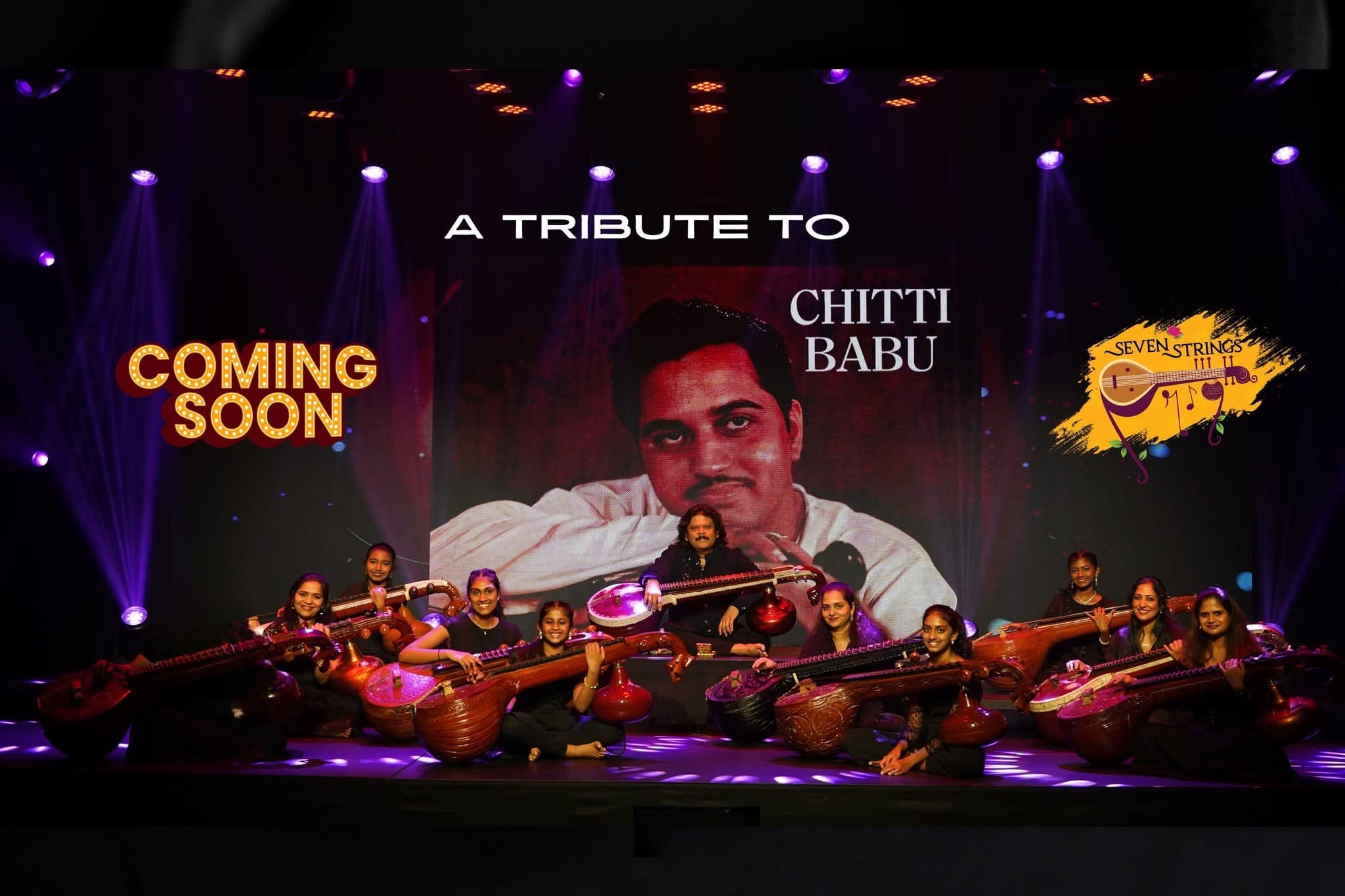 Promotional poster for a Chitti Babu tribute featuring musicians with veenas on a stage.