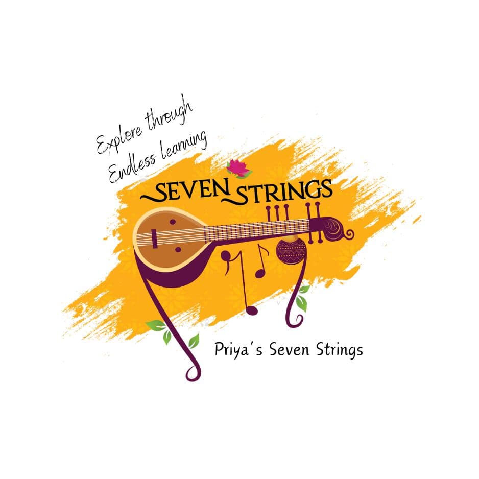 Priya's Seven Strings logo featuring a veena, lotus, and musical notes on yellow brushstroke.